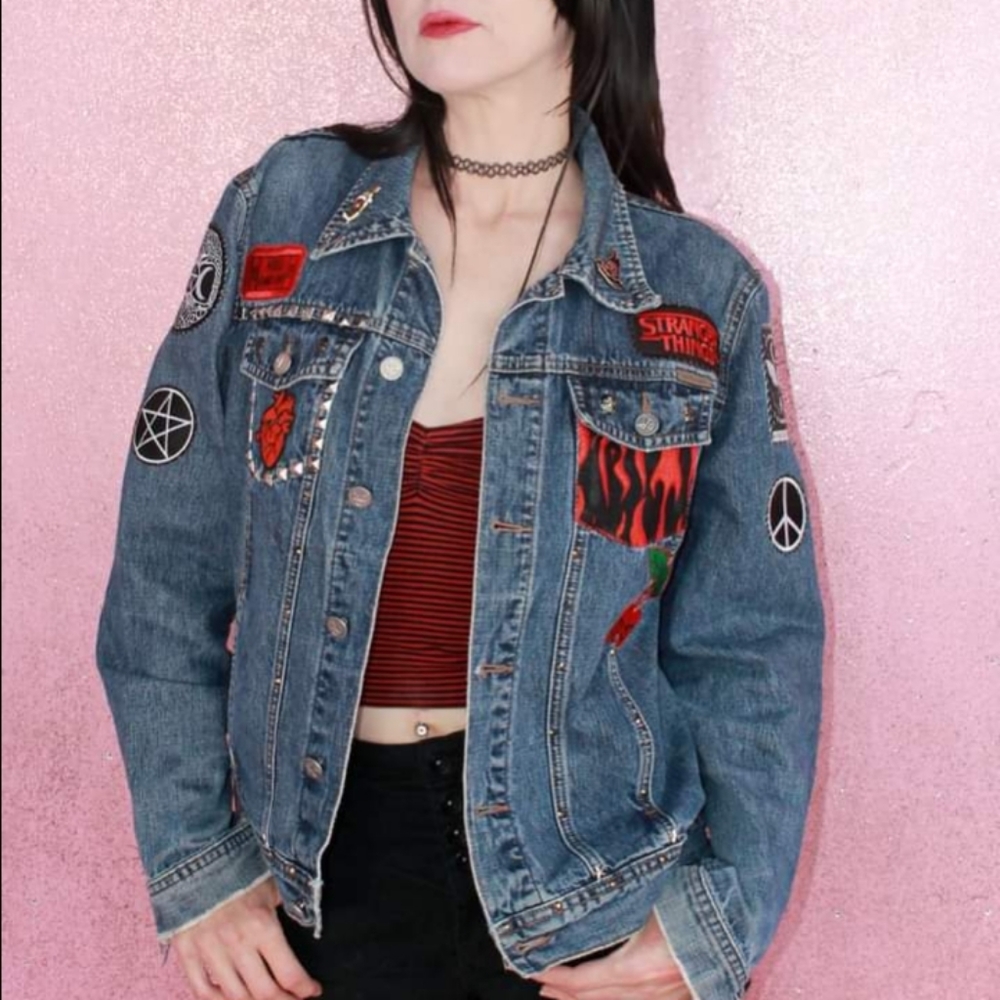 SOLD!!Chilling Adventures of a Hell Witch Calvin Klein y2k patch jean jacket - Picture 4 of 16